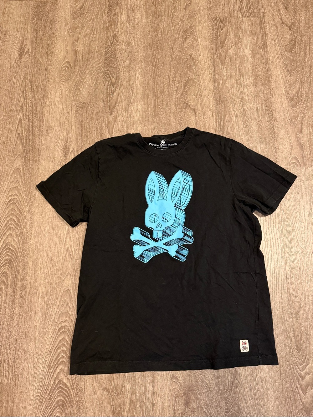 Psycho Bunny Men's Pima Cotton Graphic Tee Black Light Blue Skull Bunny Size L